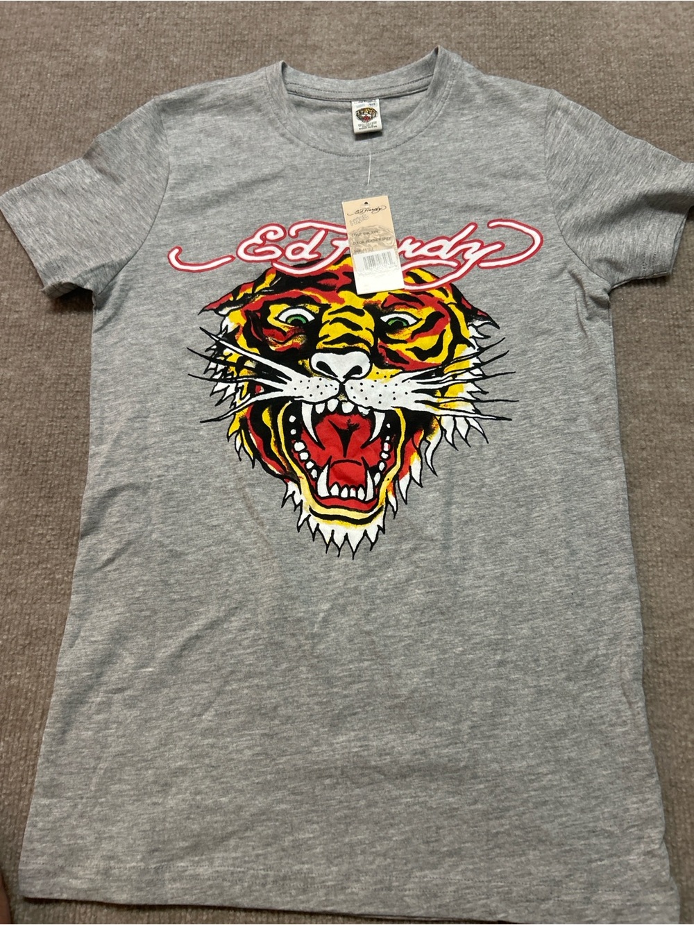 Ed Hardy Gray Tee with Multicolor Tiger Tag